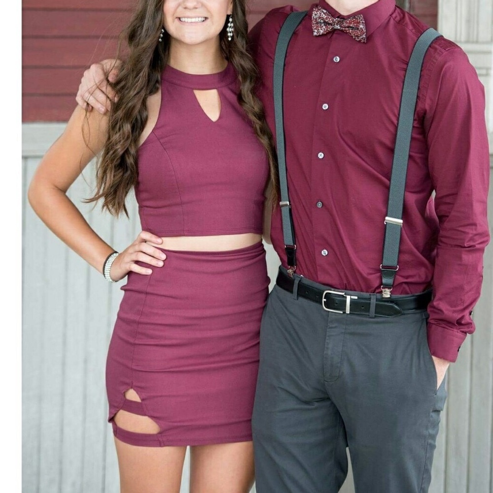 Two piece maroon short mini homecoming dress