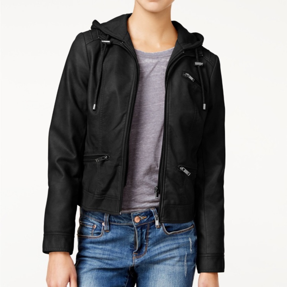 Leather jacket with hoodie