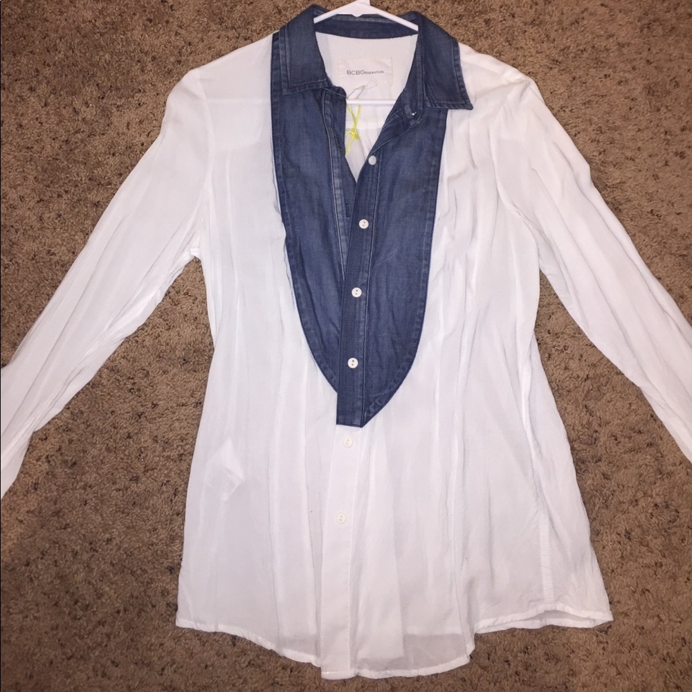bcbg jean and linen button up