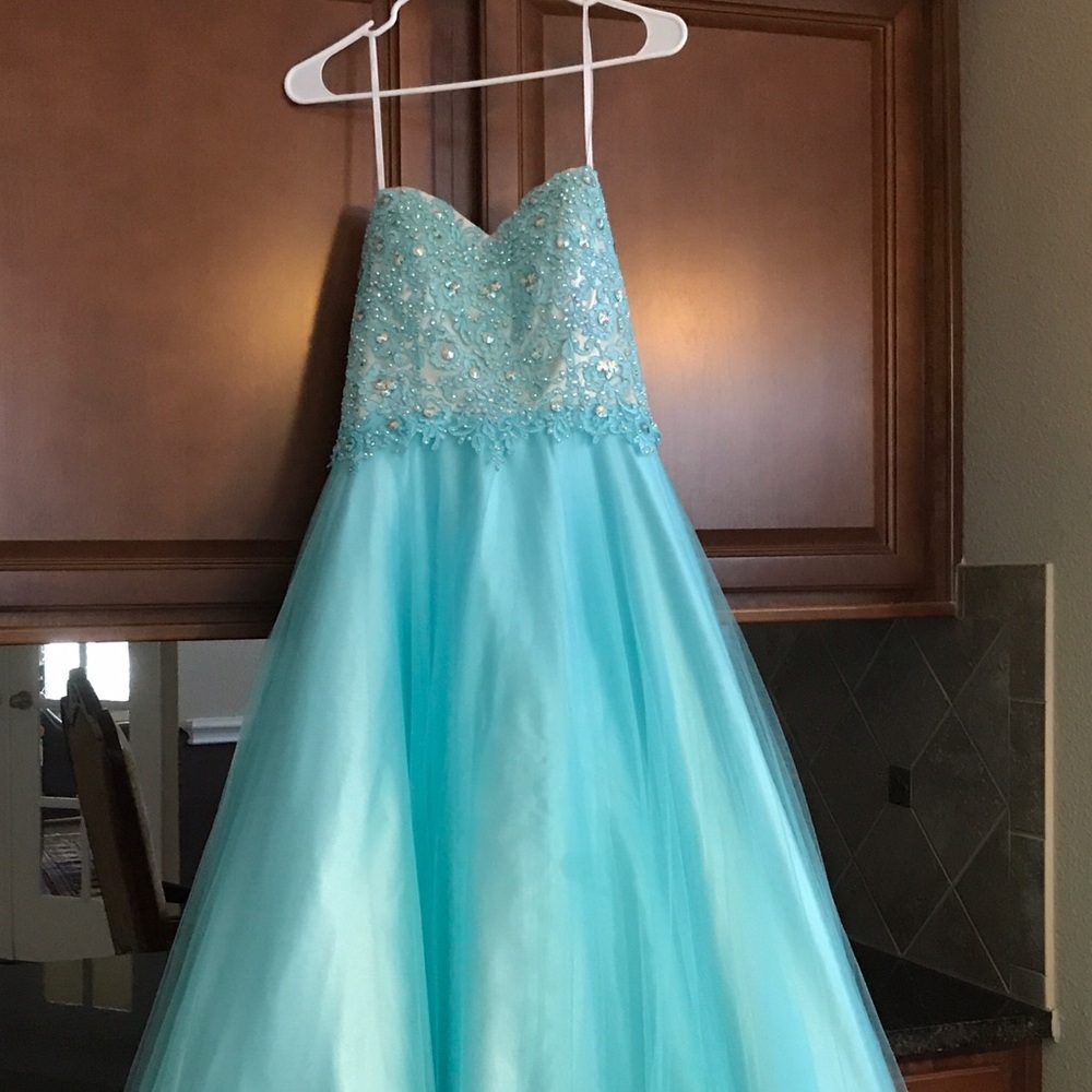 turquoise color beaded ball gown with shoes