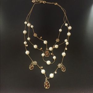 Betsey Johnson Pearl/Leopard/Gold 3 layer necklace