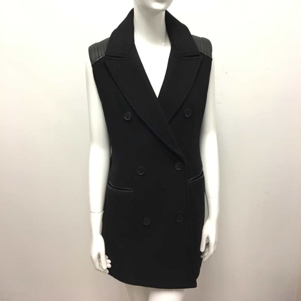 Black pea coat vest with leather detailing