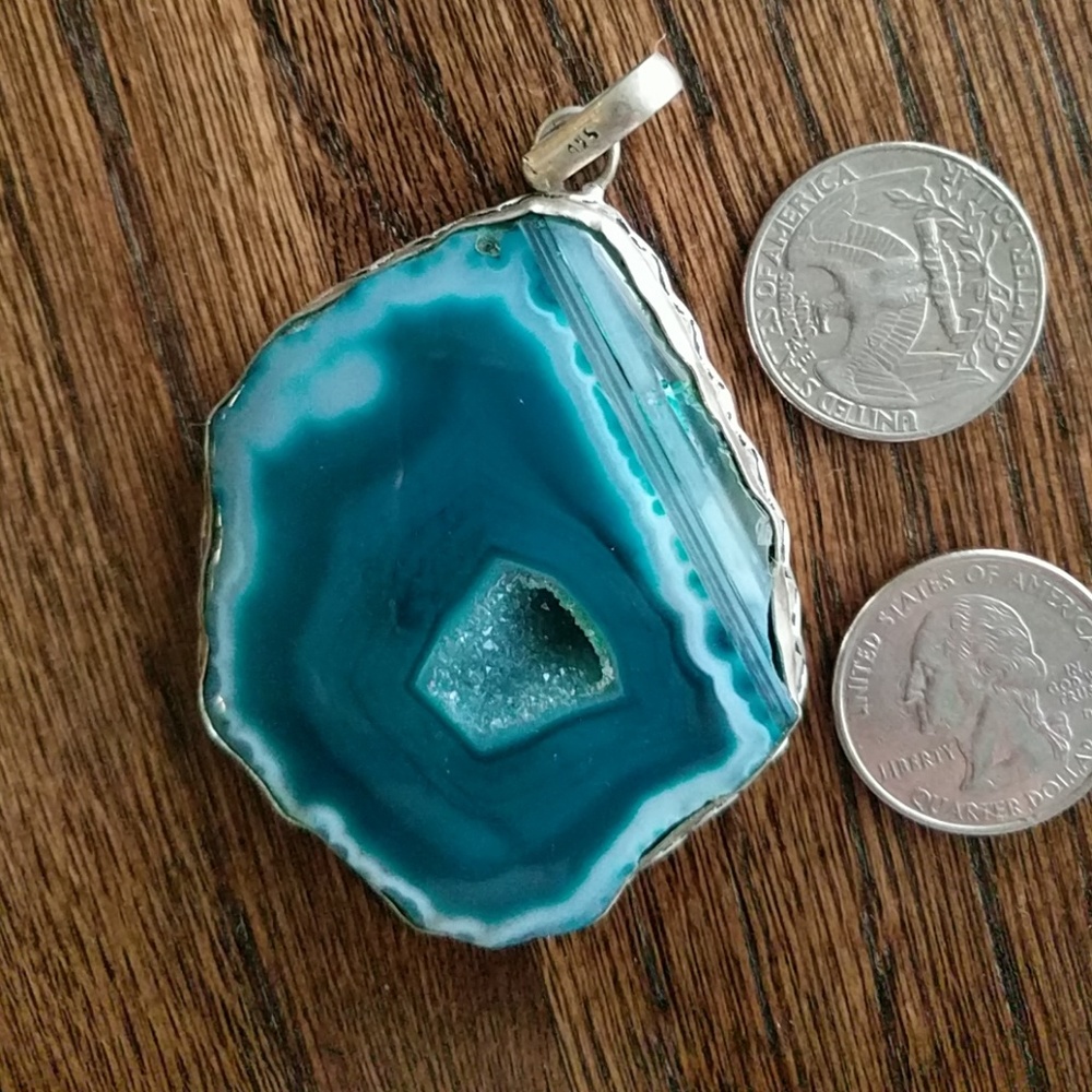 Druzy, drusy,  slice necklace 9.25 sterling silver