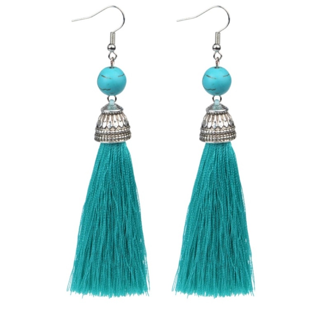 💥HP 5/13 🏆Turquoise Silver Tassel Bead Earrings