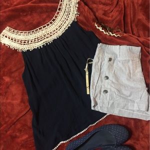 Crochet detail navy blouse by ENTRO.