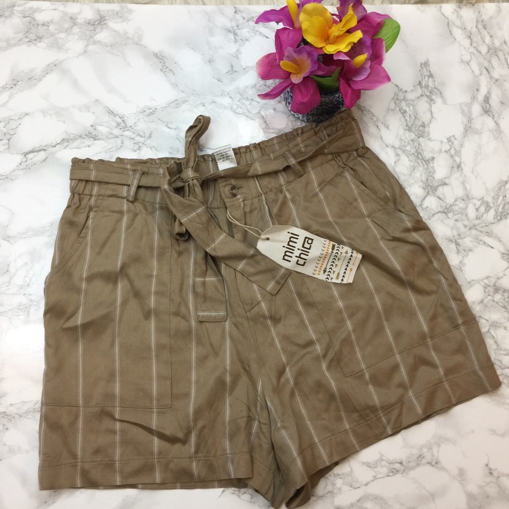 Mimi Chica Striped Front Tie Waist Khaki Shorts - Picture 4 of 5