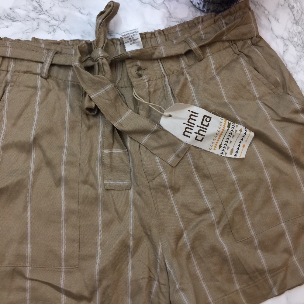 Mimi Chica Striped Front Tie Waist Khaki Shorts - Picture 5 of 5