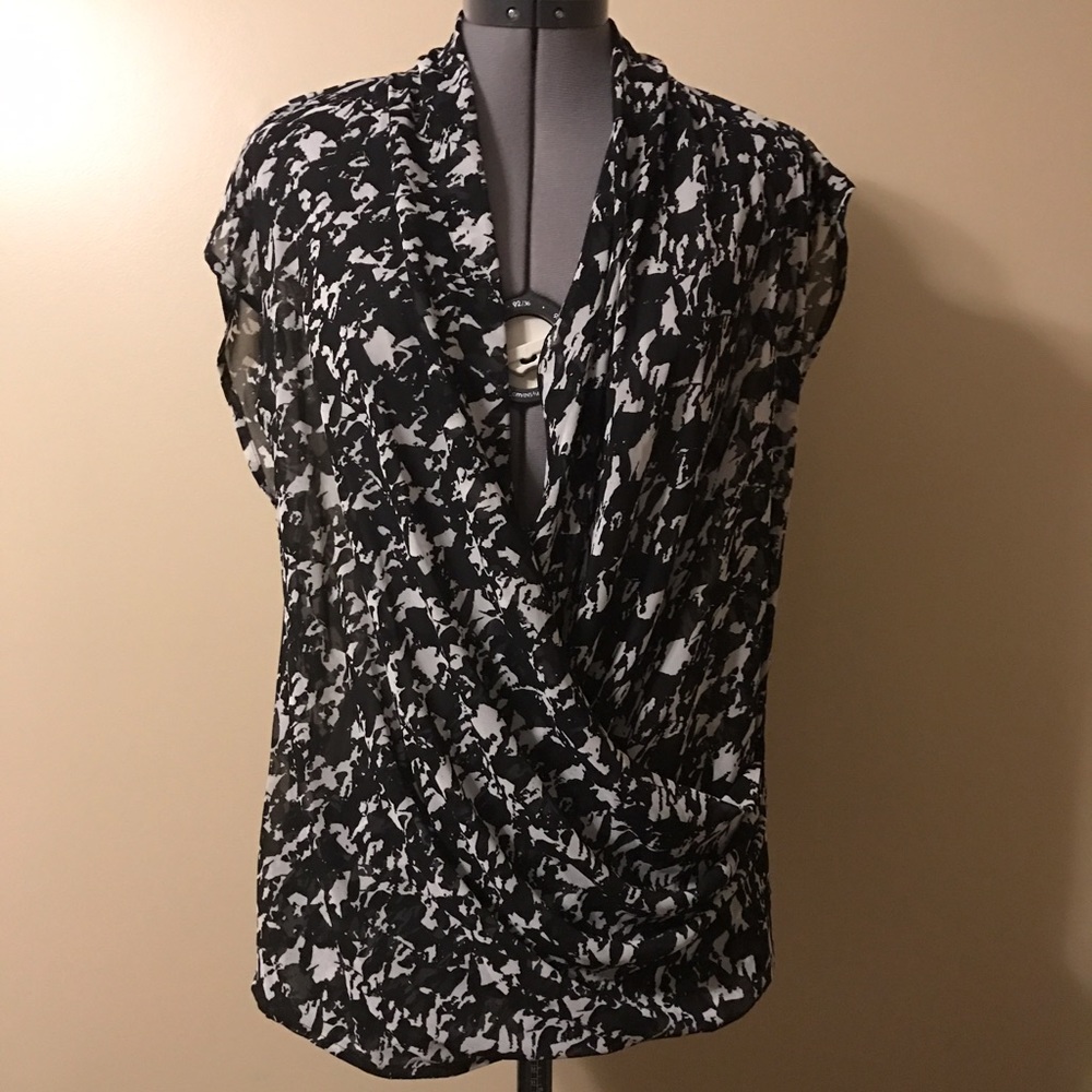 Abstract herringbone sheer faux wrap blouse