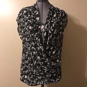 Abstract herringbone sheer faux wrap blouse