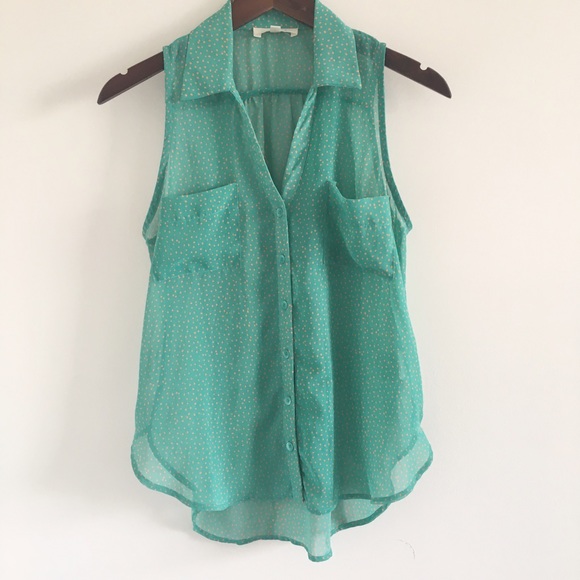 Lush Tops - Lush Sleeveless Button-Down Polka Dot Blouse