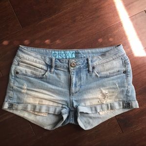 Distressed Light Blue Denim Shorts