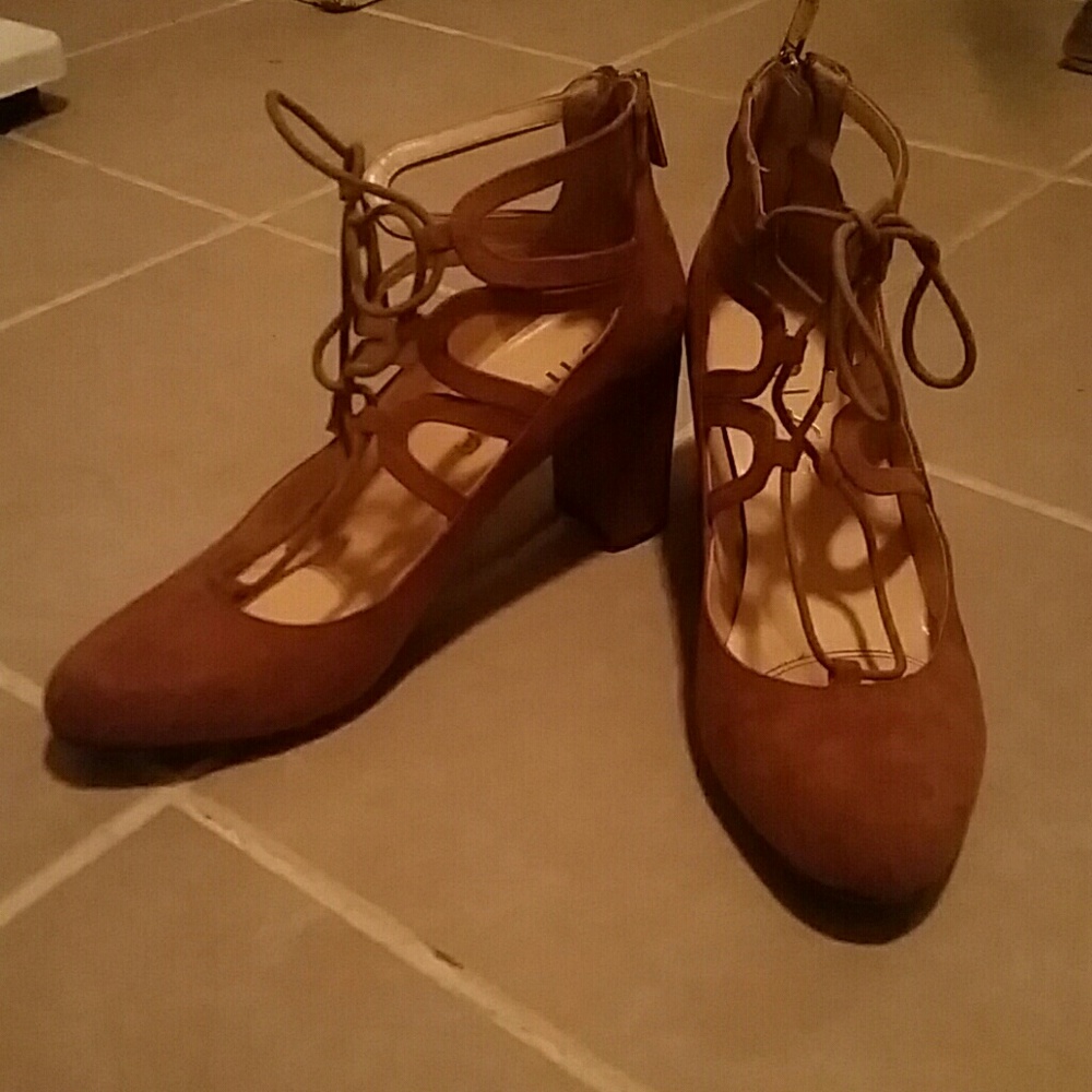 Camel brown suede lace heel