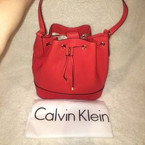 Calvin Klein Saffiano Leather Bucket Bag Coral