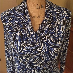 CHAUS Blue, Black and White Wrap Top