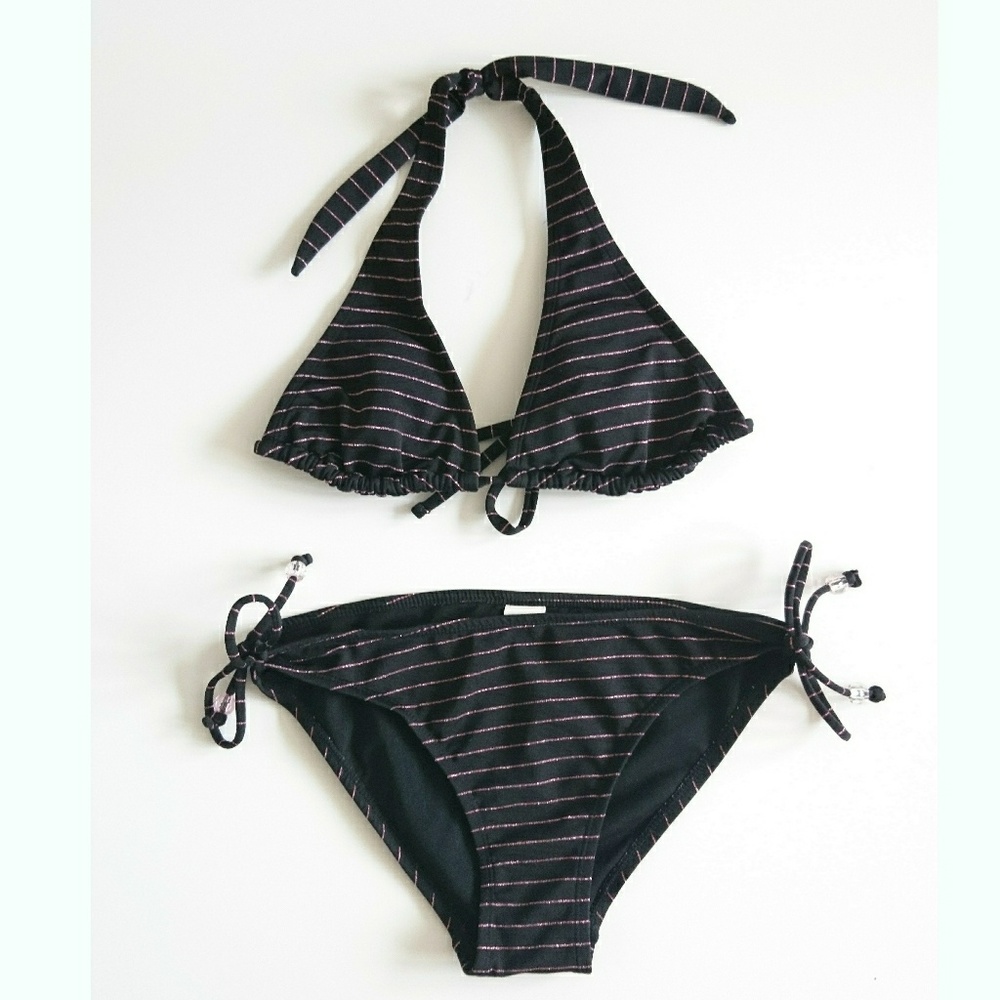 Black side tie bottom and halter top bikini set