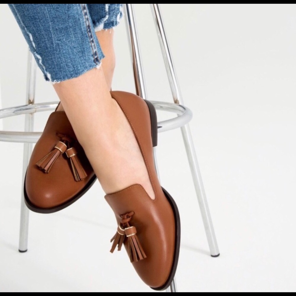 zara brown tassel smoking flat loafers