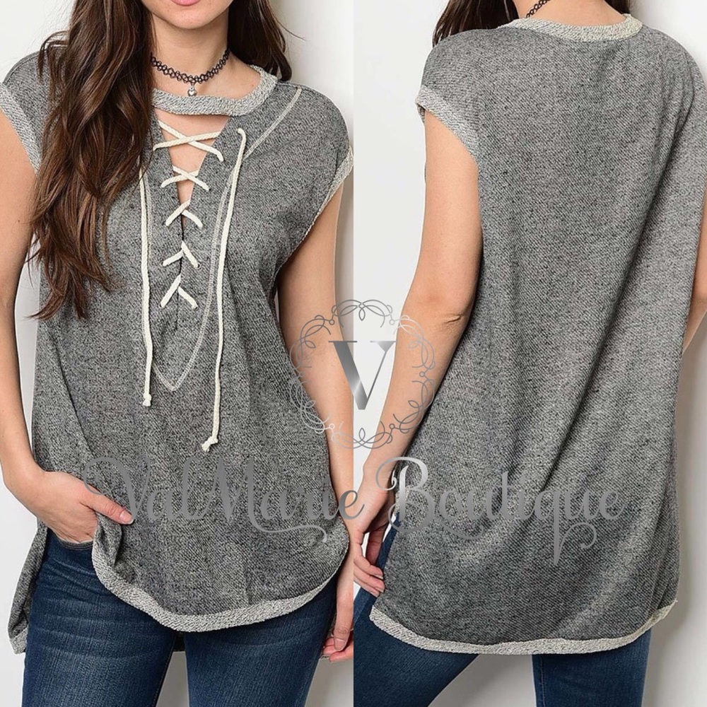 FRENCH TERRY LACE UP FRONT TOP - Picture 3 of 4