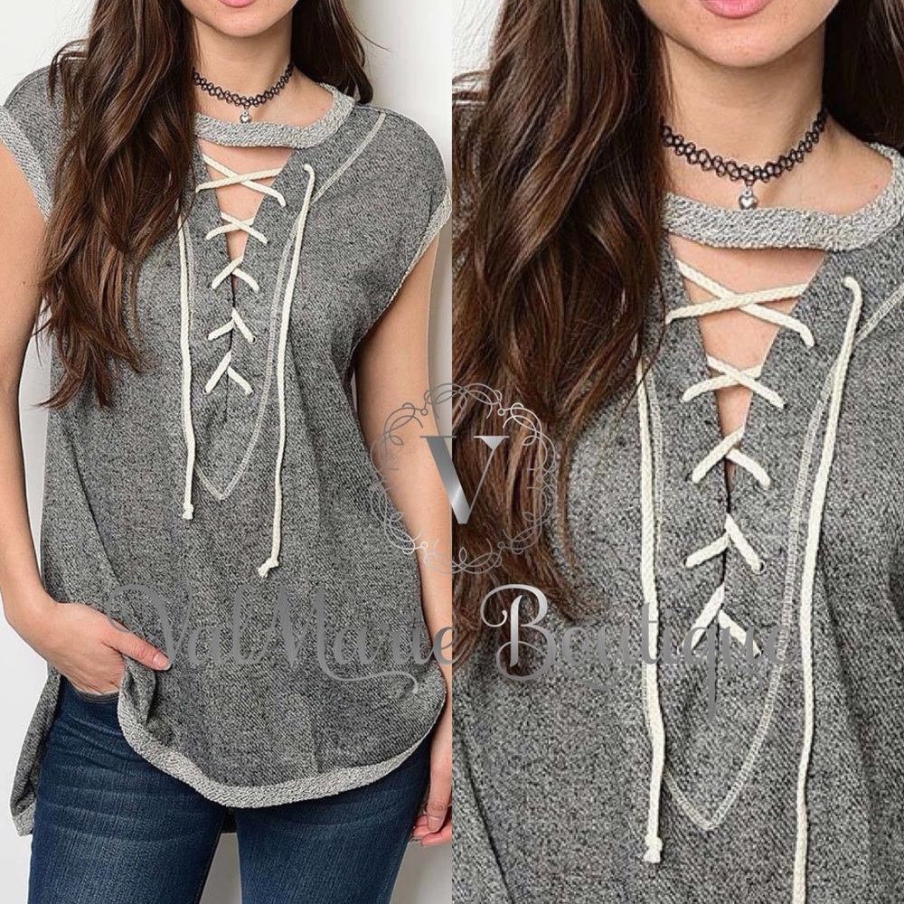 FRENCH TERRY LACE UP FRONT TOP - Picture 4 of 4