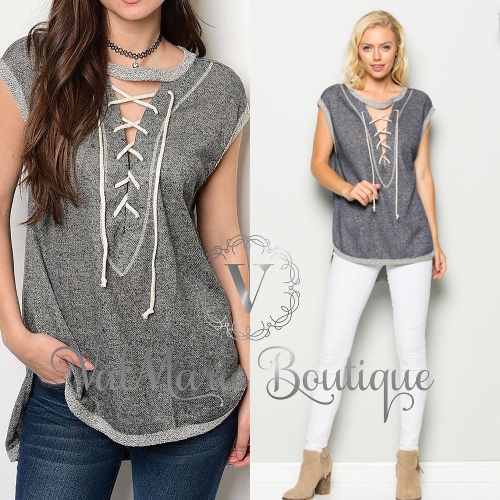 FRENCH TERRY LACE UP FRONT TOP - Picture 2 of 4