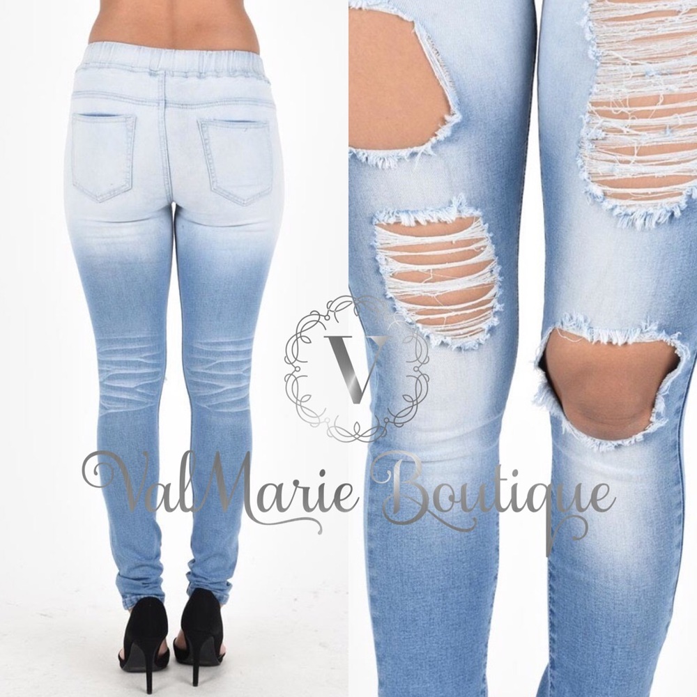 ‼️2 LEFT SZ L! DESTROYED OMBRÉ LIGHT DENIM JOGGERS - Picture 2 of 2