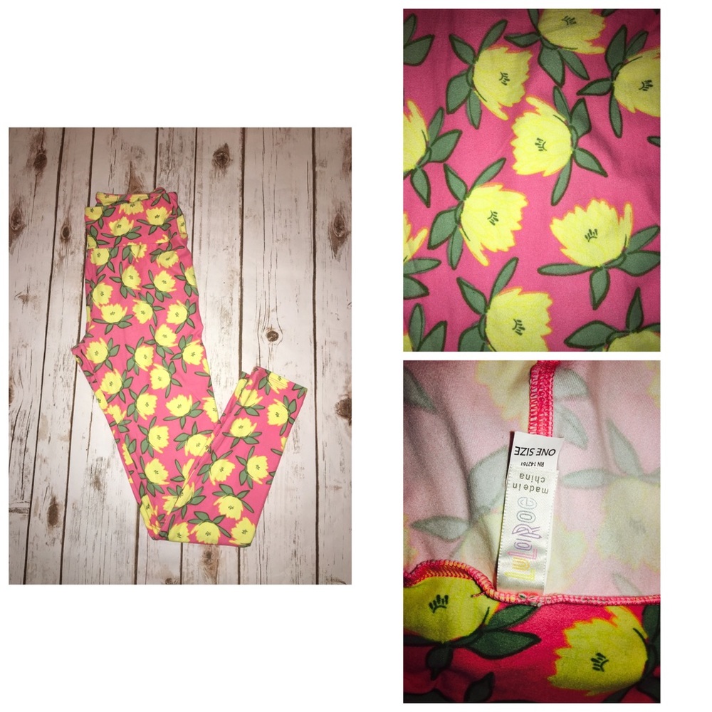 LuLaRoe Leggings OS Muted Pink with Yellow Flowers