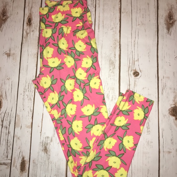 LuLaRoe Leggings OS Muted Pink with Yellow Flowers - Picture 2 of 3