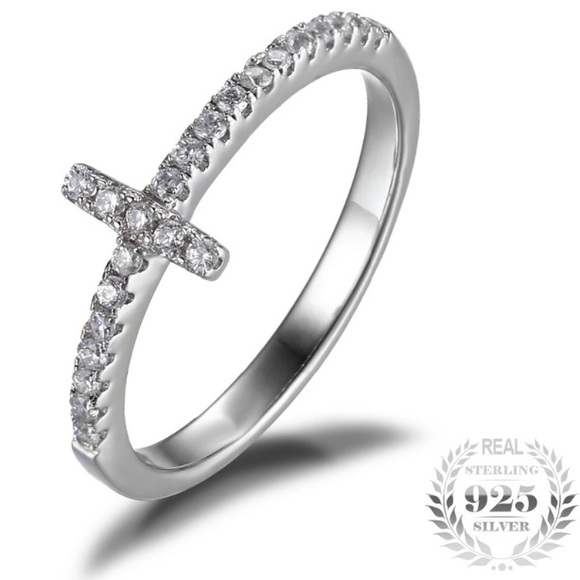 Sterling Silver CZ Sideways Cross Ring - Picture 3 of 8