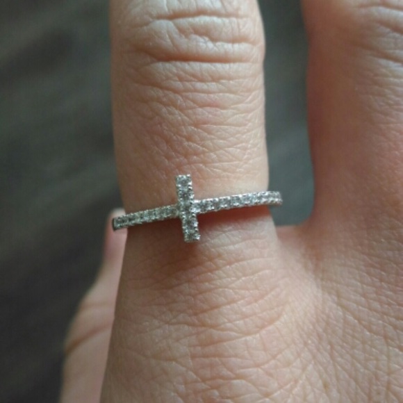 Sterling Silver CZ Sideways Cross Ring - Picture 2 of 8