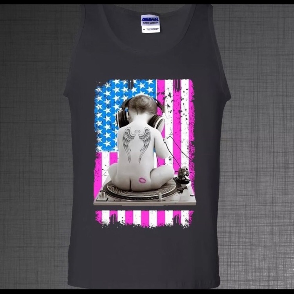 Baby DJ shiny USA flag Black Tank Top size 2XL