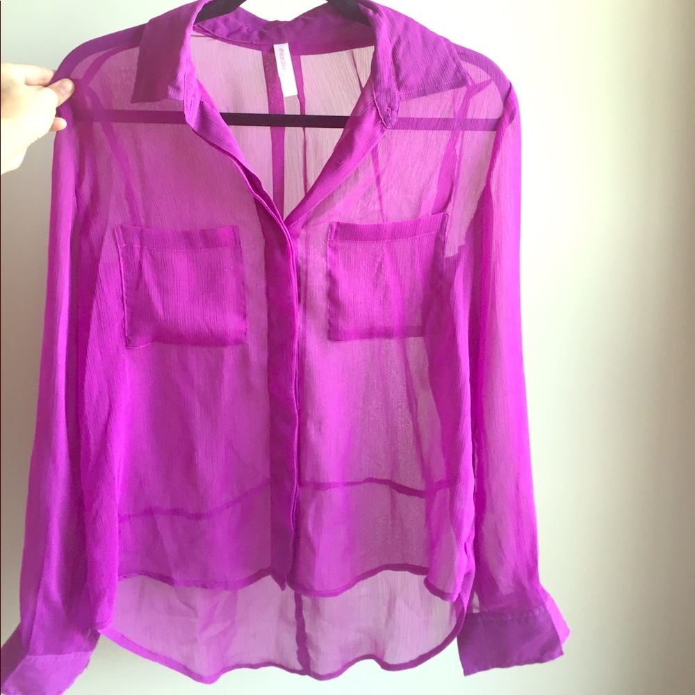 Purple fuschia silk like shirt pockets button up