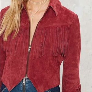 Nasty gal maroon suede fringe jacket