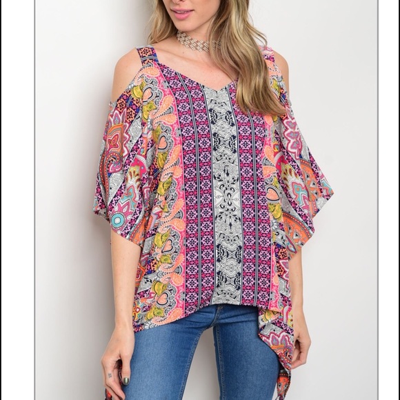 Multi Color Cold Shoulder Boho Tunic Top - Picture 2 of 5