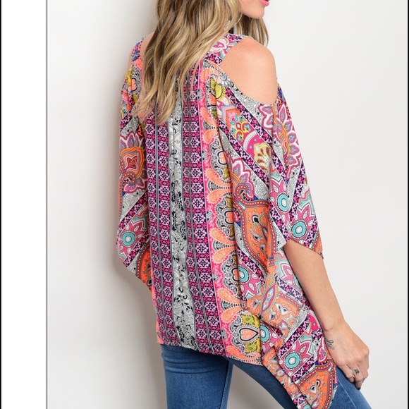 Multi Color Cold Shoulder Boho Tunic Top - Picture 3 of 5