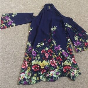 Open shoulder high neck shift dress