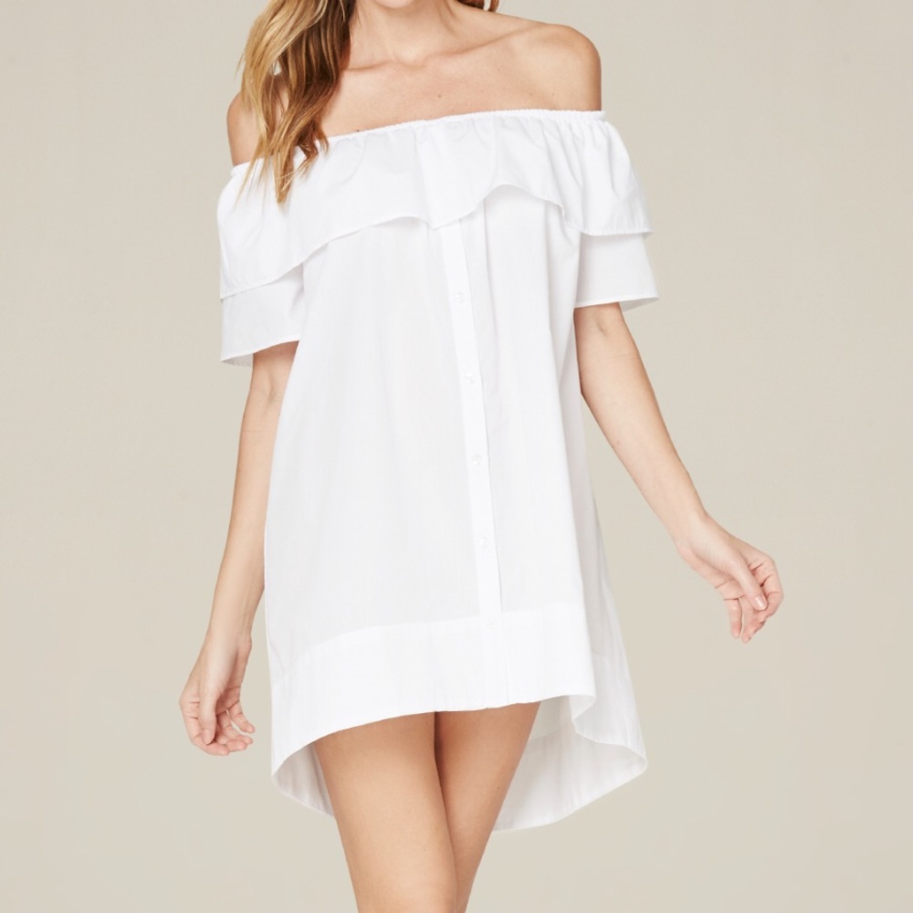 bebe ruffled off the shoulder dress