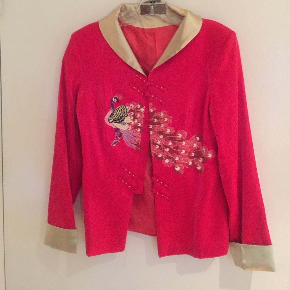 Chinese satin jacket with peacock design