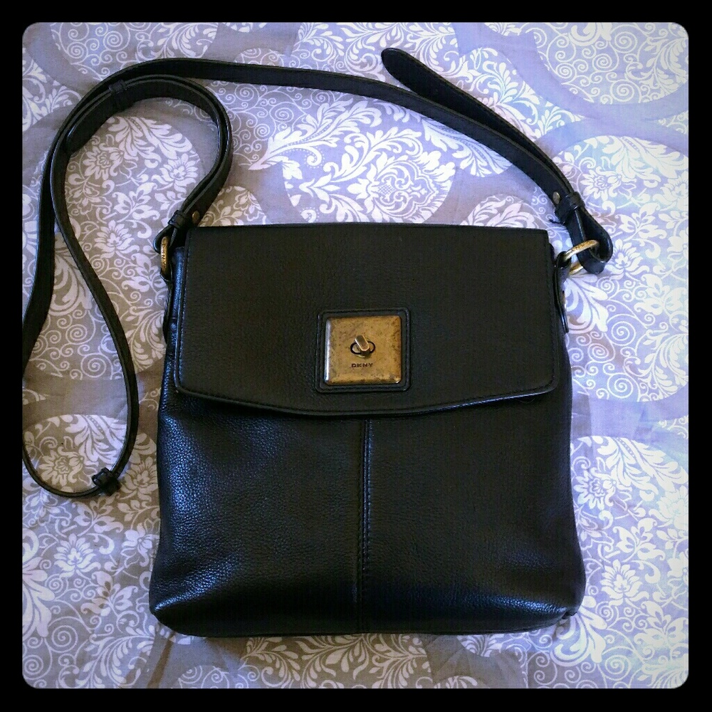 DKNY Black Leather Foldover Crossbody Purse