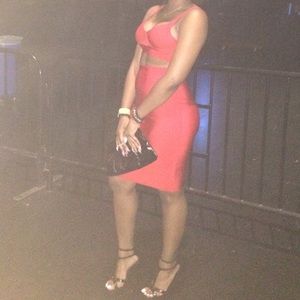 Red bandage material skirt and matching top