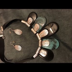 Turquoise silver black necklace -matching earrings