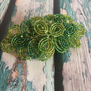 Green hair barrette with hand beading