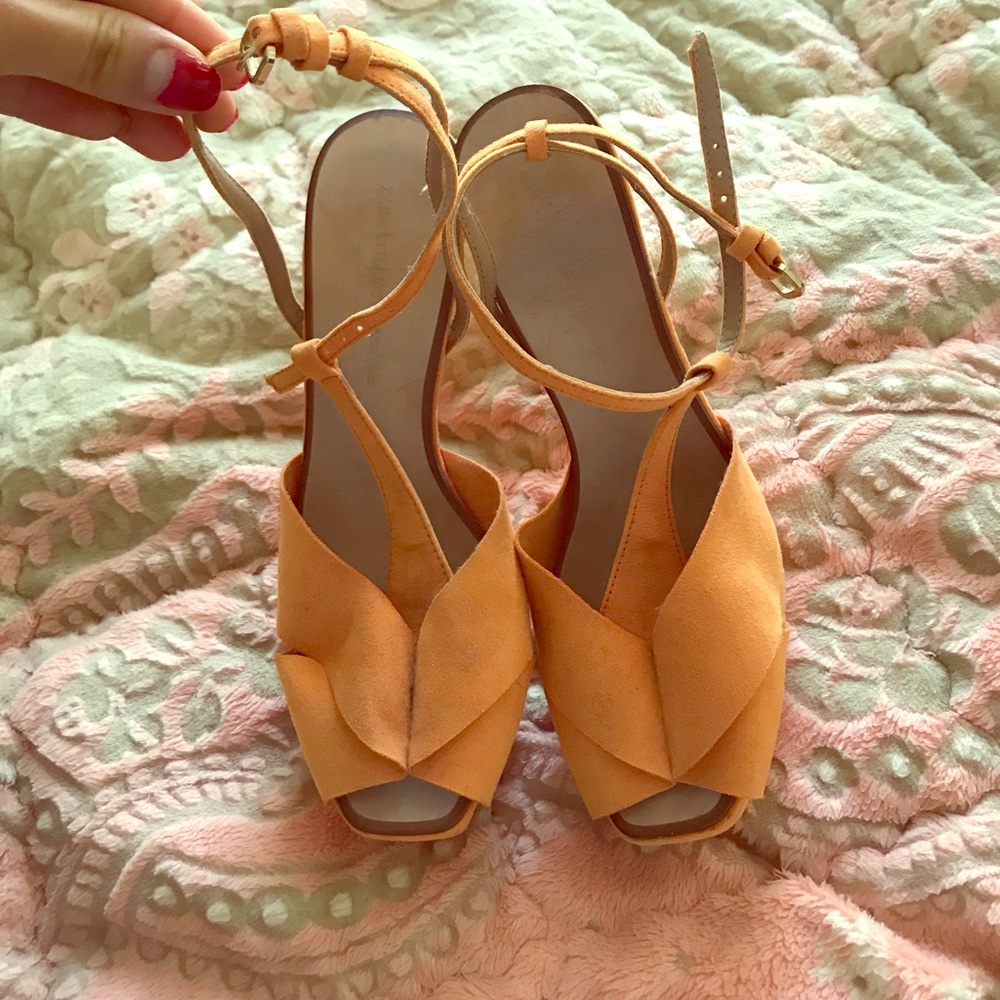 Zara faux suede high heels in mustard color.