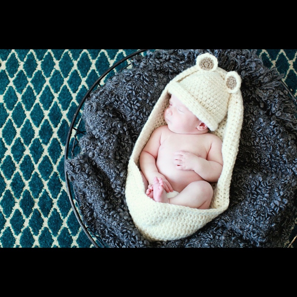 Cream Knit Cocoon & Bear Hat Newborn Photo Prop