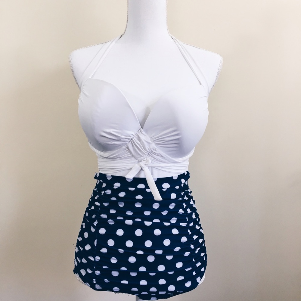 {VS} High Waisted White & Navy w/ Polka Dots