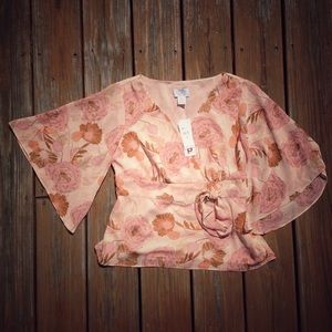 NWT LOFT Sheer Floral Bell-Sleeve Blouse