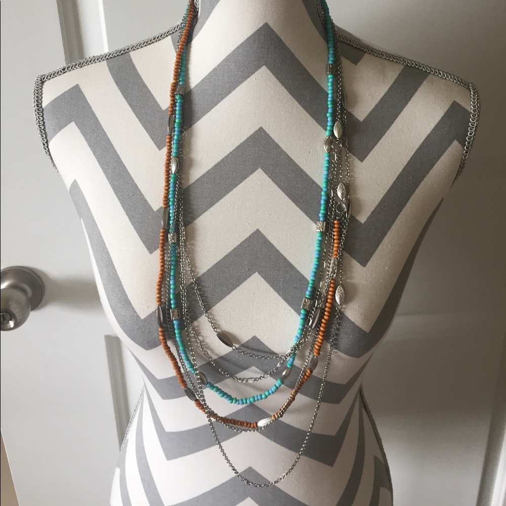 Orange, Teal, Silver Multi-Strand Necklace