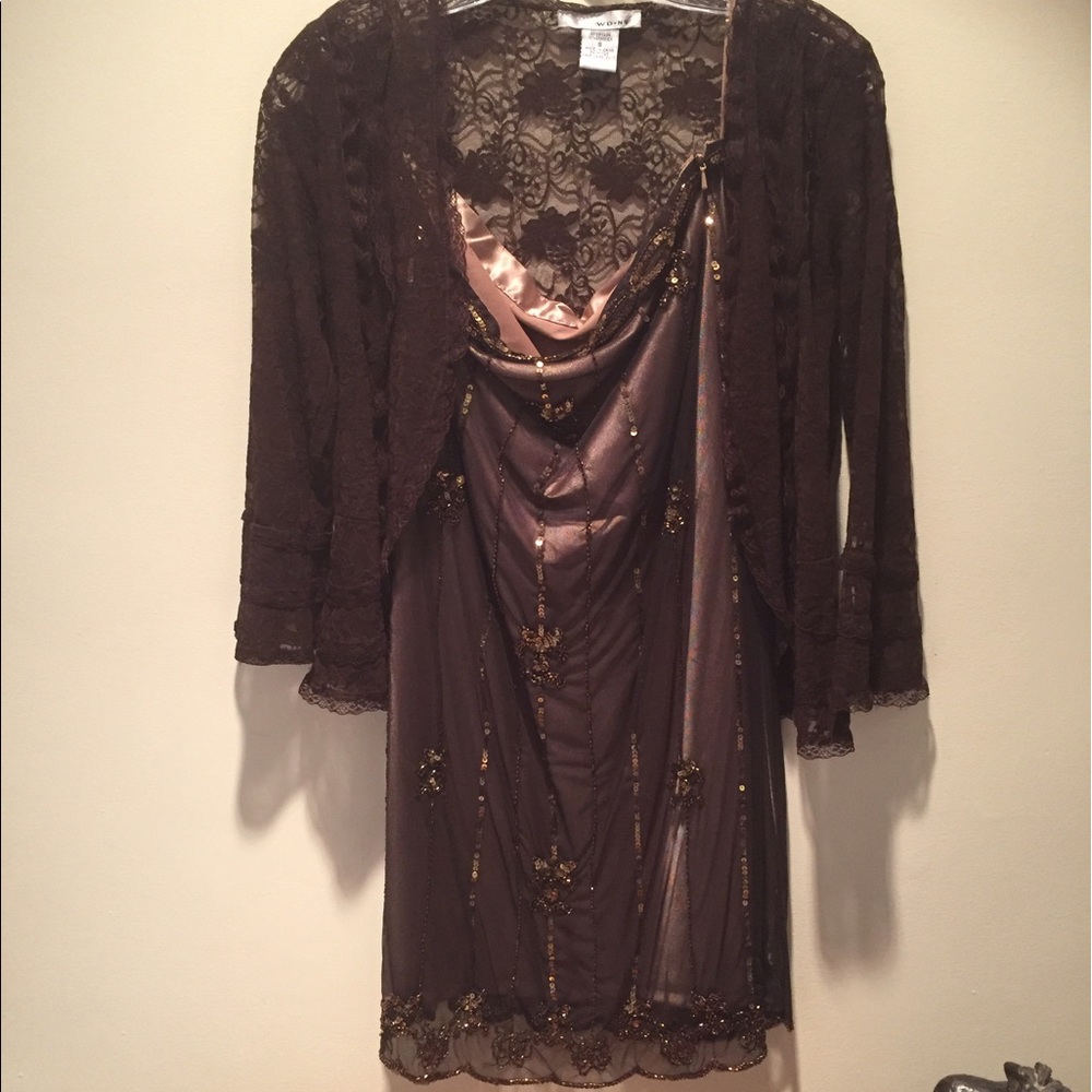 Gold beaded & sequined silk/satin/lace dress/cardi