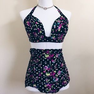 FIRM❗️Black Floral & Polka Dot Pinup Swimsuit