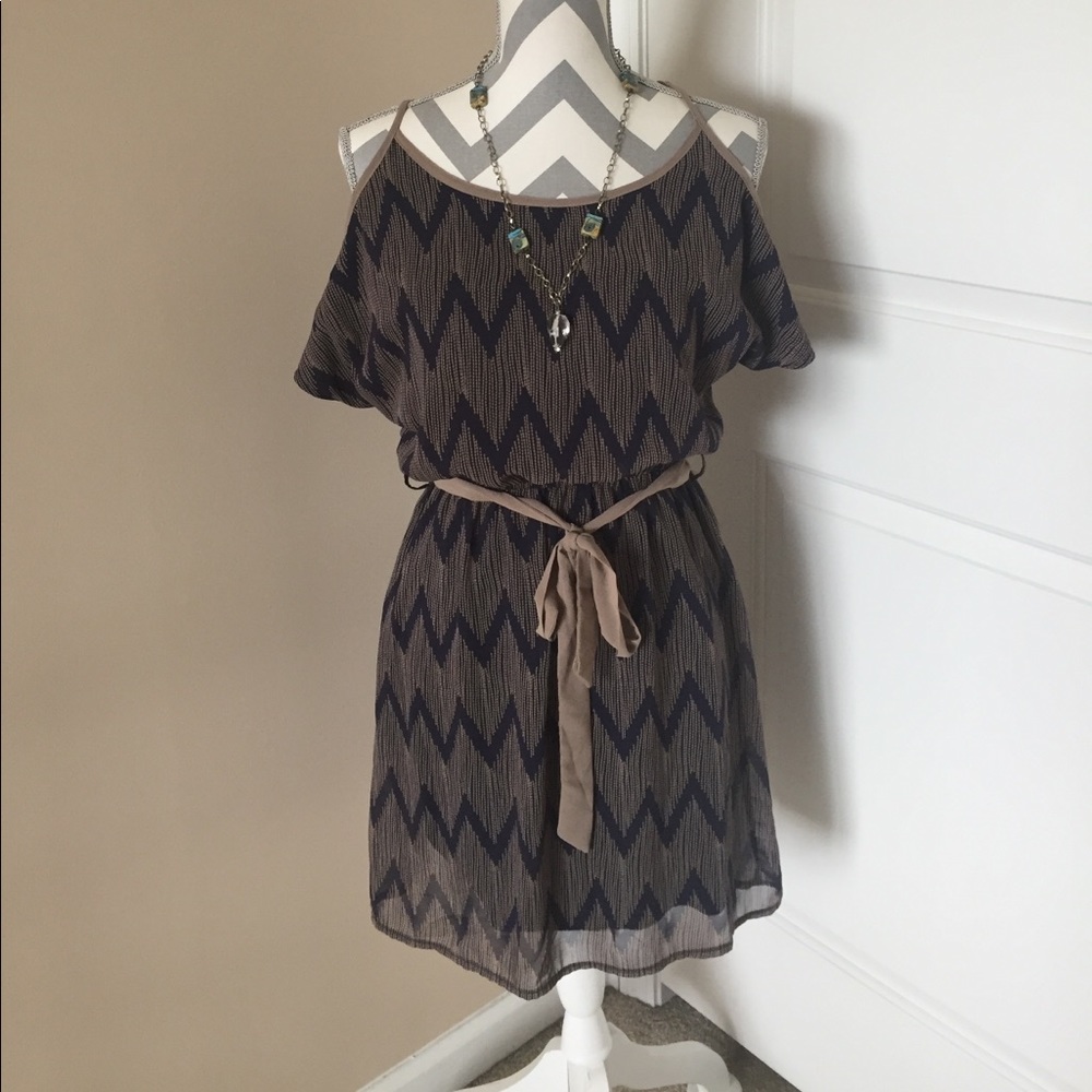 Navy and Tan Cold Shoulder Dress