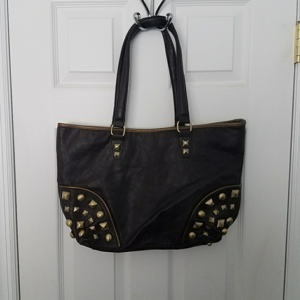 Brown leather tote with gold studs