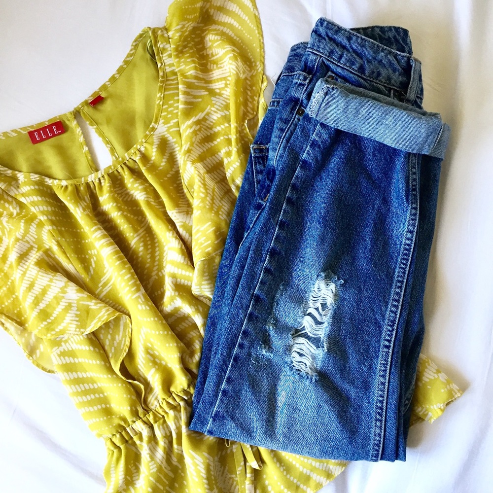 ✨ Elle Mustard Faded Yellow Peplum Cinched Blouse